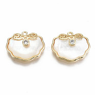 Natural Freshwater Shell Charms, with Brass Findings and Clear Cubic Zirconia, Nickel Free, Loops, Oval, Real 18K Gold Plated, 13x16x4.5mm, Hole: 1mm(KK-S356-204G-NF)