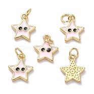 Real 18K Gold Plated Brass Enamel Charms, with Jump Rings, Long-Lasting Plated, Star with Eye, Pink, 13x10.5x2mm, Jump Ring: 5x1mm, 3mm Inner Diameter(KK-L206-019G-02)