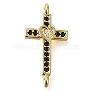 Brass Pave Black & Clear Cubic Zirconia Connector Charms, Religion Heart Cross Links, Real 16K Gold Plated, 20.5x10.5x3mm, Hole: 1.2mm(KK-M101-02F-G01)