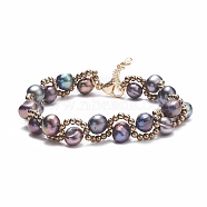Natural Pearl & Glass Braided Beaded Bracelet, Wire Wrap Jewelry for Women, Gray, 6-7/8~7-3/8 inch(17.6~18.8cm)(BJEW-JB08091-03)