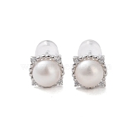 925 Sterling Silver Studs Earring, with Cubic Zirconia and Natural Pearl, Square, Platinum, 8x10mm(EJEW-H002-36P)