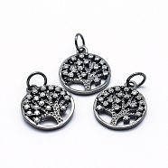 Brass Micro Pave Cubic Zirconia Charms, Flat Round with Tree of Life, Gunmetal, 15x12.5x2mm, Hole: 3mm(ZIRC-L070-06B)