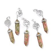 Natural Unakite Pointed Big Pendants, Double Terminated Pointed, with Platinum Plated Brass Findings, Faceted, Bullet, 59~67x14~15mm, Hole: 7x5mm, Gemstone: 41~44x8mm(G-D0021-01P-01)