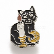 Cat and Candle Enamel Pin, Animal Alloy Badge for Backpack Clothes, Platinum, Black, 28x20x1.5mm, Pin: 1.2mm(JEWB-M023-08)