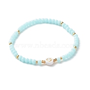 Glass Beads Stretch Bracelets, with Acrylic & Brass Beads, Flat Round with Heart Pattern, Light Sky Blue, Inner Diameter: 2-1/4 inch(5.7cm)(BJEW-JB06576-03)