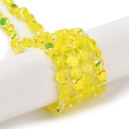 Transparent Electroplate Glass Beads Strands, AB Color Plated, Faceted, Flat Round, Yellow, 4x4x2.5mm, Hole: 1.1mm, about 145~155pcs/strand, 20.08''~21.65''(51~55cm)(GLAA-Q099-A01-11)