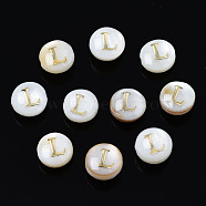 Natural Freshwater Shell Beads, with Golden Plated Brass Etched Metal Embellishments, Flat Round with Letter, Seashell Color, Letter.L, 6x4mm, Hole: 0.8mm(SHEL-S278-036L)