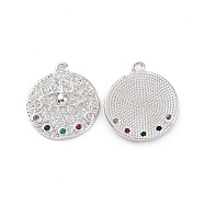 Brass Micro Pave Colorful Cubic Zirconia Pendants, Flat Round with Eye Charm, Platinum, 17x15x2mm, Hole: 1.2mm(KK-E068-VC117)