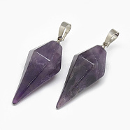 Natural Amethyst Pendants, with Platinum Tone Brass Findings, Bicone, 36~38x16.5x14.5~15mm, Hole: 5x8mm(G-T102-08L)