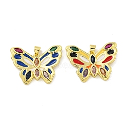 Brass Enamel with Glass Pendants, Real 18K Gold Plated, Butterfly, Colorful, 24.5x32x3mm, Hole: 4.5x3mm(KK-R159-17G-01)