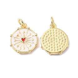 Rack Plating Brass Pendants with Jump Ring, with Enamel, Long-Lasting Plated, Real 18K Gold Plated, Cadmium Free & Lead Free, Flat Round with Heart, White, 15x12.5x2mm, Hole: 3mm(KK-F852-21G)