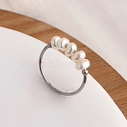 304 Stainless Steel with Natural Baroque Pearl Rondelle Beaded Finger Rings, Stainless Steel Color, US Size 8(18.1mm)(FS-WG39983-05)