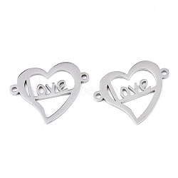 201 Stainless Steel Links Connectors, Laser Cut, for Valentine's Day, Heart with Word Love, Stainless Steel Color, 16.5x21.5x1mm, Hole: 1.2mm(STAS-S080-028P)