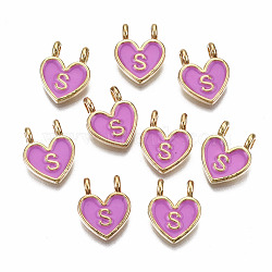 Alloy Enamel Charms, Cadmium Free & Lead Free, Heart with Initial Letters, Light Gold, Orchid, Letter.S, 14.5x11.5x4.5mm, Hole: 2mm(ENAM-T012-02S-RS)