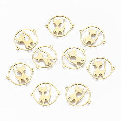 304 Stainless Steel Links Connectors, Laser Cut, Flat Round with Cat, Real 18K Gold Plated, 15x18x1mm, Hole: 0.8mm(STAS-S116-095G)