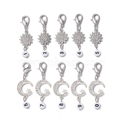 10Pcs 10 Style Moon Sun Alloy Rhinestone Pendant Locking Stitch Markers with Acrylic Number, Zinc Alloy Crochet Lobster Clasp Charms, White, 50~53mm, 1pc/style(HJEW-JM01482)