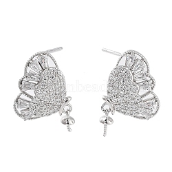 925 Sterling Silver with Cubic Zirconia Stud Earrings Findings, Butterfly, Real Platinum Plated, 14x11mm, Pin: 0.6mm(EJEW-B038-04P)