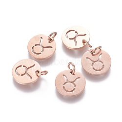 304 Stainless Steel Charms, Flat Round with Constellation/Zodiac Sign, Rose Gold, Taurus, 12x1mm, Hole: 3mm(STAS-Q201-T445-2R)