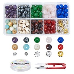 DIY Stretch Bracelets Making Kits, include Gemstone Round Beads, Stainless Steel Scissors, Elastic Crystal Thread, Brass Rhinestone & Alloy Spacer Beads, Mixed Color, Gemston: 8mm, Hole: 0.8~1.5mm, about 216pcs/set(DIY-CJ0001-27)