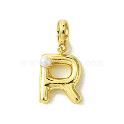 Rack Plating Brass with ABS Plastic Pearl European Dangle Charms, Large Hole Pendants, Long-Lasting Plated, Lead Free & Cadmium Free, Real 18K Gold Plated, Letter R, 23mm long, hole: 5mm, pendant: 15x11x5mm(KK-G501-02R-G)