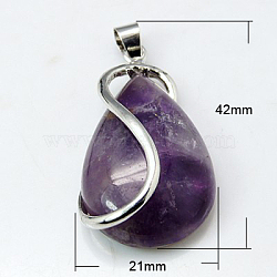 Natural Amethyst Gemstone Pendants, with Brass Findings, Drop, Nickel Metal, 38x21x10mm(G-H1577-4)