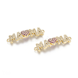 Brass Micro Pave Cubic Zirconia Links connectors, Word MAMA and Heart, for Mother's Day, Colorful, Golden, 7.5x30.5x4.5mm, Hole: 1.4mm(ZIRC-G152-14G)