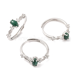 Horse Eye Natural Malachite Adjustable Rings, Brass Clear Cubic Zirconia Ring for Women, Long-Lasting Plated, Lead Free & Cadmium Free, Platinum, Inner Diameter: 19mm(RJEW-Q817-02P-06)