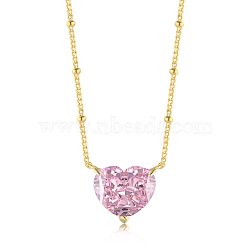 Heart 925 Sterling Silver Pave 8A Pink Cubic Zirconia Pendant Satellite Chain Necklaces for Women, Real 18K Gold Plated, 18.35 inch(46.6cm)(NJEW-F330-01G)