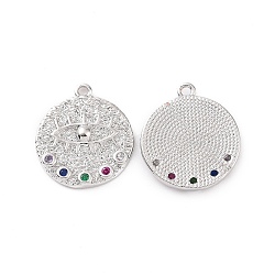 Brass Micro Pave Colorful Cubic Zirconia Pendants, Flat Round with Eye Charm, Platinum, 17x15x2mm, Hole: 1.2mm(KK-E068-VC117)