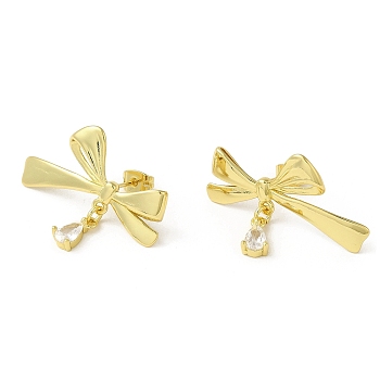 Brass Stud Earrings, with Clear Cubic Zirconia for Women, Bowknot, Real 18K Gold Plated, 23x32mm