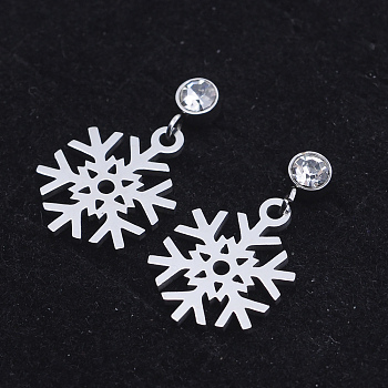 201 Stainless Steel Dangle Stud Earrings, with Clear Cubic Zirconia, Snowflake, Stainless Steel Color, 21mm, Pin: 0.8mm