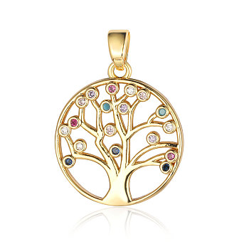 Brass Micro Pave Colorful Cubic Zirconia Pendants, Tree of Life Charms, Real 18K Gold Plated, 22x19x2.2mm