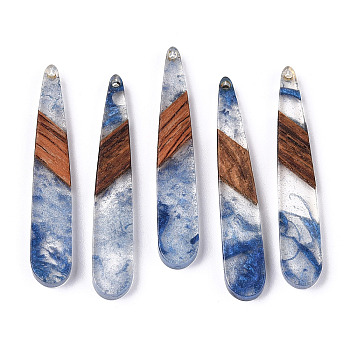 Transparent Resin & Walnut Wood Pendants, Teardrop Charms, Royal Blue, 44x7.5x3.5mm, Hole: 1.5mm