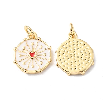 Rack Plating Brass Pendants with Jump Ring, with Enamel, Long-Lasting Plated, Real 18K Gold Plated, Cadmium Free & Lead Free, Flat Round with Heart, White, 15x12.5x2mm, Hole: 3mm