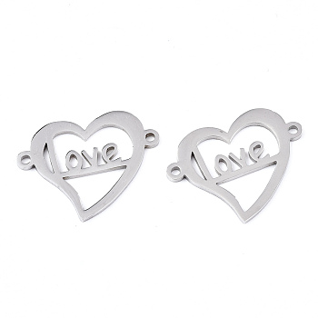 201 Stainless Steel Links Connectors, Laser Cut, for Valentine's Day, Heart with Word Love, Stainless Steel Color, 16.5x21.5x1mm, Hole: 1.2mm