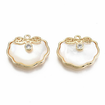 Natural Freshwater Shell Charms, with Brass Findings and Clear Cubic Zirconia, Nickel Free, Loops, Oval, Real 18K Gold Plated, 13x16x4.5mm, Hole: 1mm