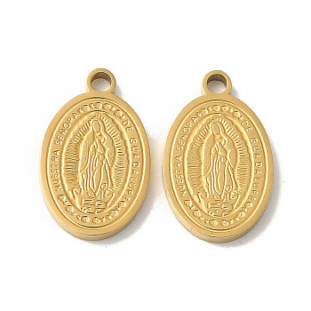 Manual Polishing 304 Stainless Steel Charms, Oval with Saint Charm, Real 18K Gold Plated, 14x8.5x1.5mm, Hole: 1.5mm