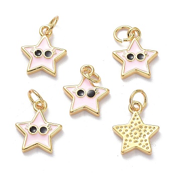 Real 18K Gold Plated Brass Enamel Charms, with Jump Rings, Long-Lasting Plated, Star with Eye, Pink, 13x10.5x2mm, Jump Ring: 5x1mm, 3mm Inner Diameter