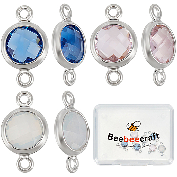 9Pcs 3 Colors Brass Cubic Zirconia Connector Charms, Flat Round, Real Platinum Plated, Mixed Color, 12x6.5x3mm, Hole: 1mm, 3pcs/color