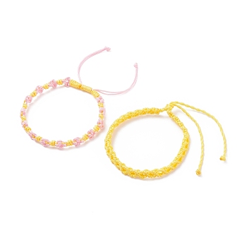 2Pcs 2 Colors Peach Blossom Braided Cord Bracelet, Friendship Lucky Adjustable Bracelet for Women, Yellow, Inner Diameter: 2-1/4 inch(5.6cm)~4-1/4 inch(10.9cm)