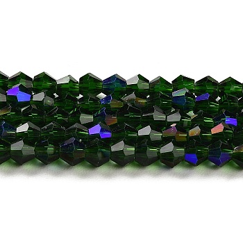 Transparent Electroplate Glass Beads Strands, AB Color Plated, Faceted, Bicone, Dark Green, 3.5~3.8mm, about 113~115pcs/strand, 36~36.5cm