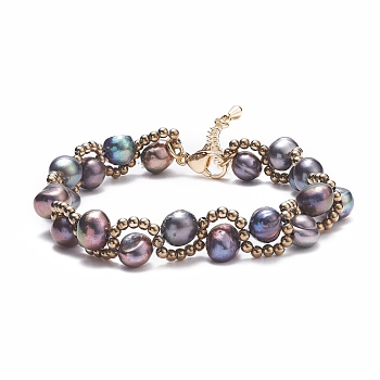 Natural Pearl & Glass Braided Beaded Bracelet, Wire Wrap Jewelry for Women, Gray, 6-7/8~7-3/8 inch(17.6~18.8cm)