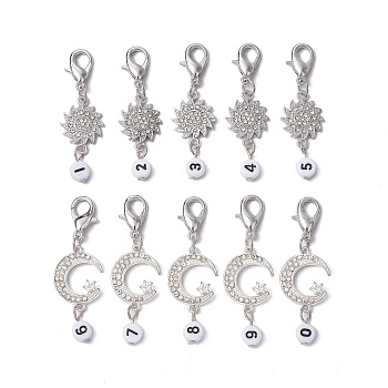 10Pcs 10 Style Moon Sun Alloy Rhinestone Pendant Locking Stitch Markers with Acrylic Number, Zinc Alloy Crochet Lobster Clasp Charms, White, 50~53mm, 1pc/style