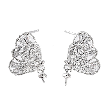 925 Sterling Silver with Cubic Zirconia Stud Earrings Findings, Butterfly, Real Platinum Plated, 14x11mm, Pin: 0.6mm