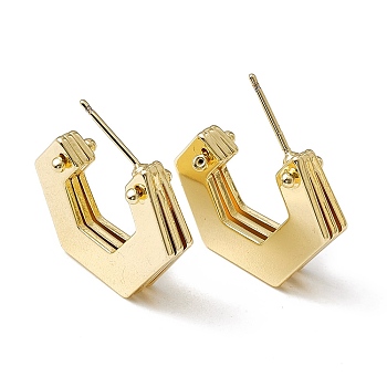Brass Hexagon Stud Earrings, Half Hoop Earrings for Women, Golden, 21x20.5x4.5mm, Pin: 0.9mm
