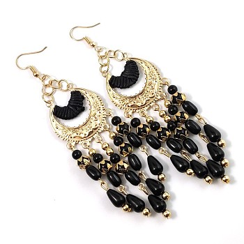 Bohemian Style Alloy Resin Moon with Teardrop Tassel Dangle Earrings, with Cotton Cord, Golden, Black, 110x23mm