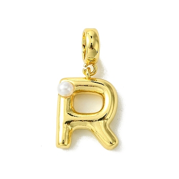 Rack Plating Brass with ABS Plastic Pearl European Dangle Charms, Large Hole Pendants, Long-Lasting Plated, Lead Free & Cadmium Free, Real 18K Gold Plated, Letter R, 23mm long, hole: 5mm, pendant: 15x11x5mm