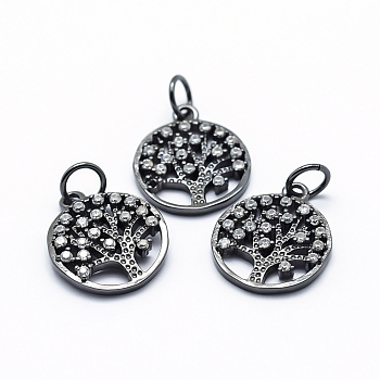 Brass Micro Pave Cubic Zirconia Charms, Flat Round with Tree of Life, Gunmetal, 15x12.5x2mm, Hole: 3mm