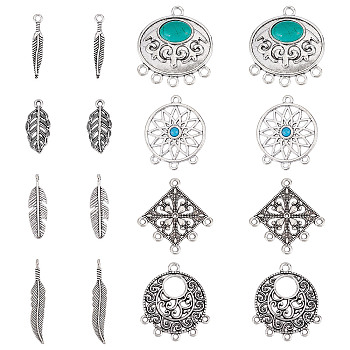 DIY Jewelry Making Kits, Including Alloy Links Connector & Pendant, Rhombus & Fan & Oval & Leaf, Antique Silver, 25~37x5~34x1.5~7.5mm, 104Pcs/box