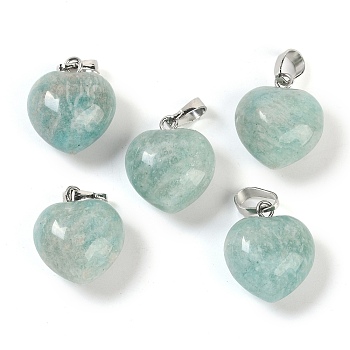 Natural Amazonite Pendants, Heart Charms with Brass Snap on Bails, Platinum, 18x15.5x10mm, Hole: 5x3mm